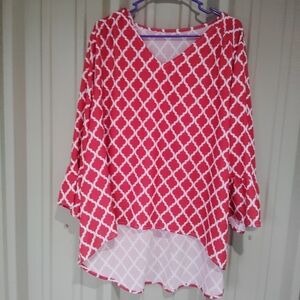 Women's Rust & White Tunic Top Bell Sleeves Size Large Bohemian High Low Boho